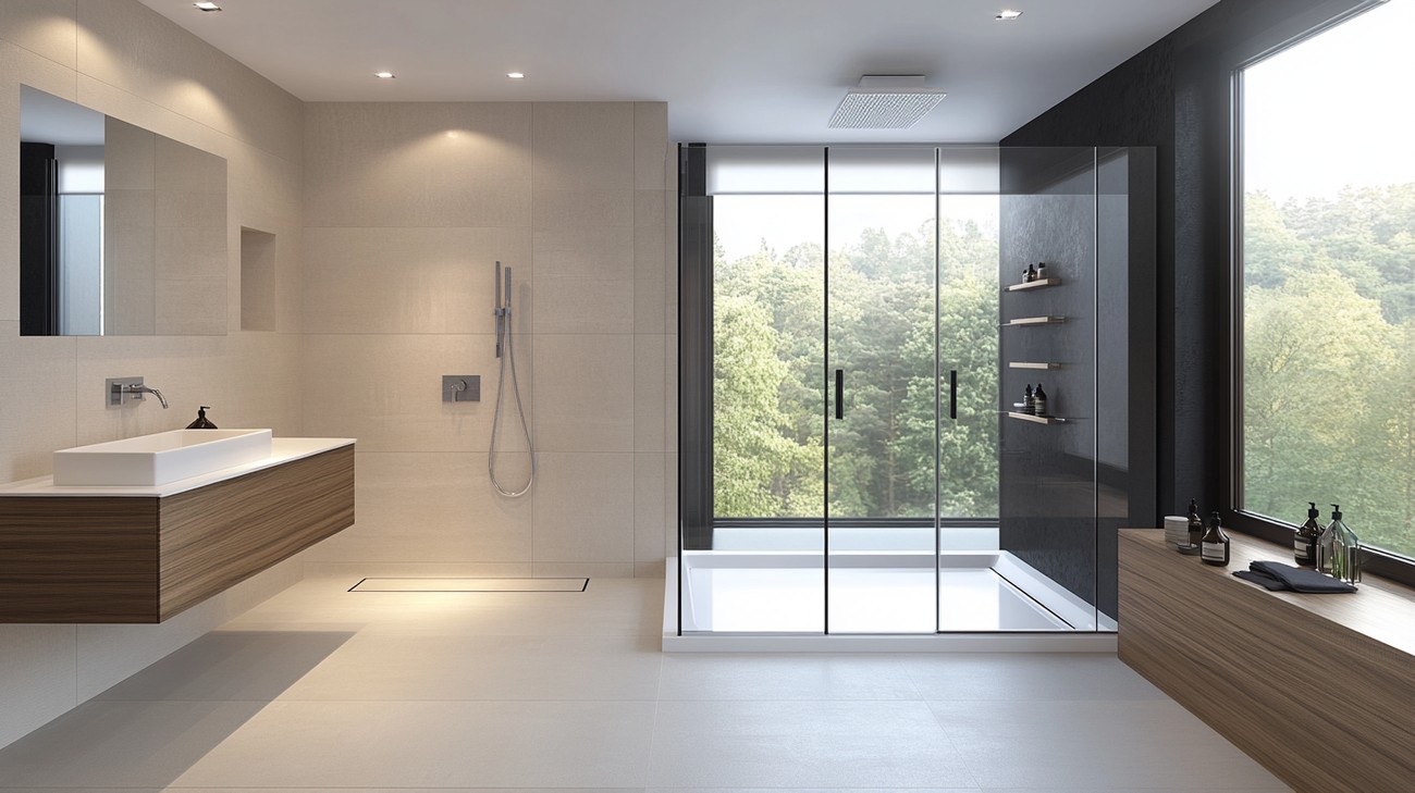 Open wet room bathroom with a walk-in shower