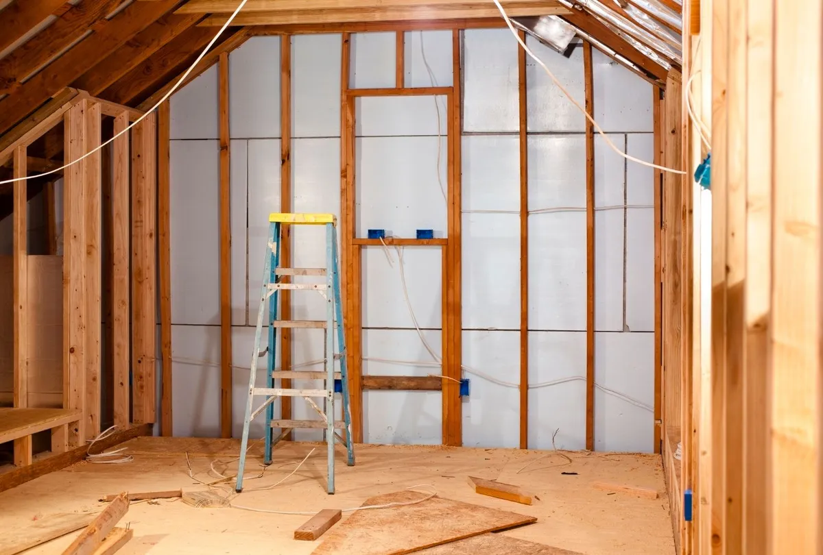 Remodel job room addition in attic. Home improvement, construction.