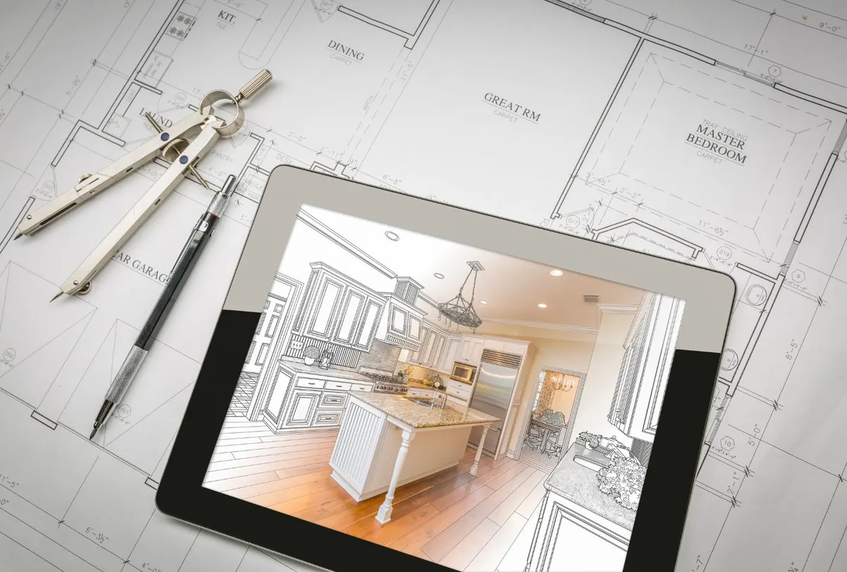 Computer Tablet Showing Kitchen Illustration on House Plans.