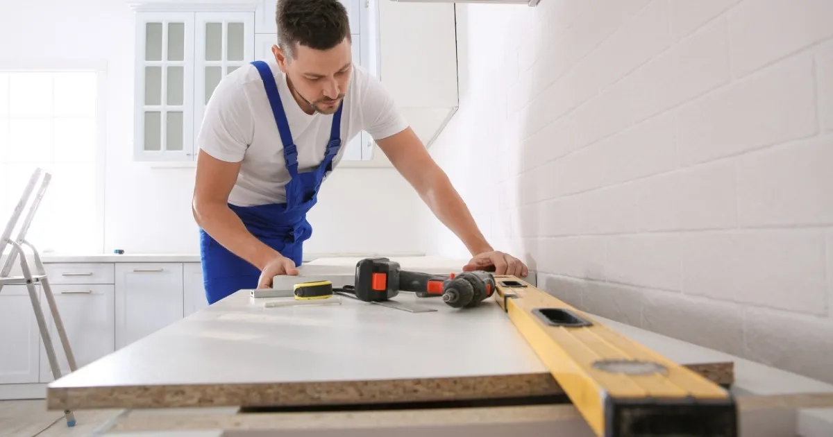 Worker Installing New Countertop in Modern Kitchen
