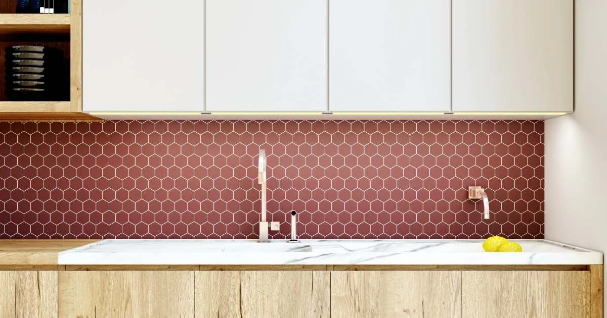 Kitchen interior with mosaic backsplash. 3d rendering.