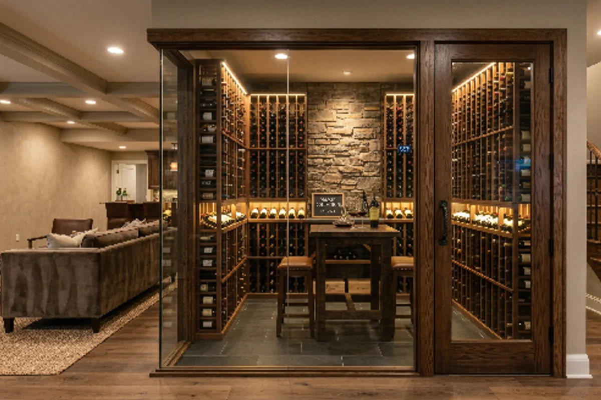 Finished basement with a custom wine cellar and living area