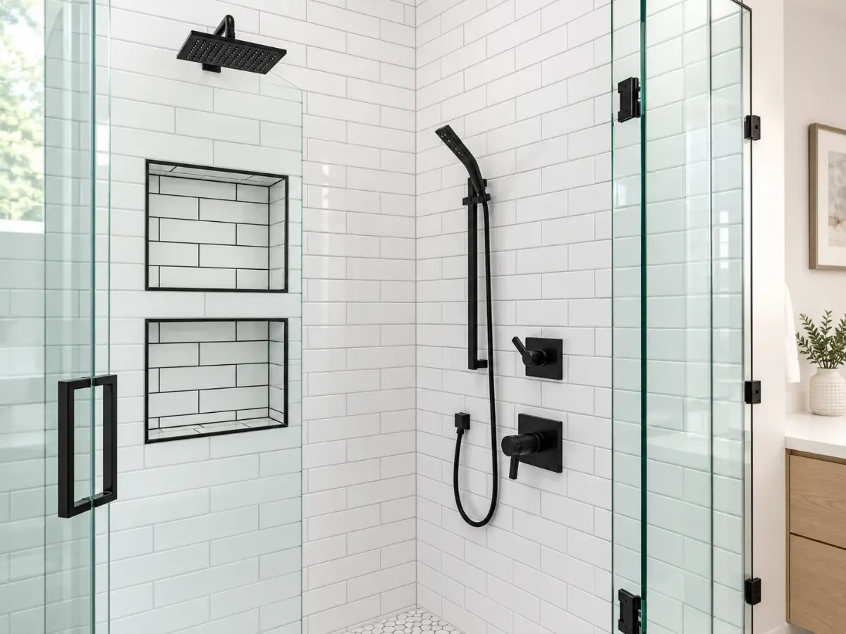 Modern walk-in shower with white subway tile and matte black fixtures.